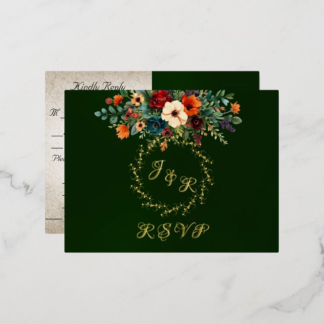 Autumn Floral & Wreath RSVP - Emerald Foil Invitation Postcard (Front/Back)