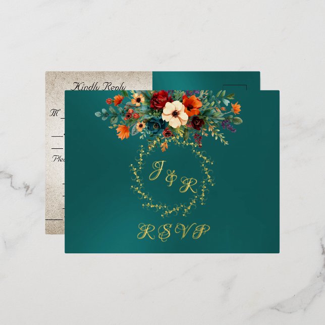 Autumn Floral & Wreath RSVP - Teal Foil Invitation Postcard (Front/Back)