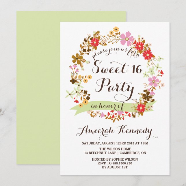 Autumn Floral Wreath Sweet Sixteen Invitation (Front/Back)