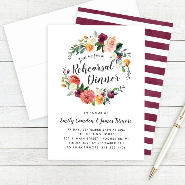Autumn Floral Wreath Wedding Rehearsal Dinner Invitation (Creator Uploaded)