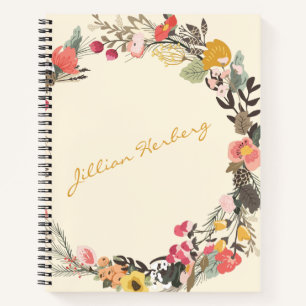 Autumn Floral Wreath Yellow Green with Name Notebook