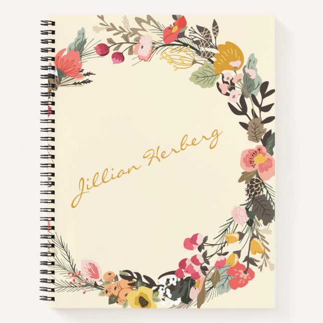 Autumn Floral Wreath Yellow Green with Name Notebook (Front)