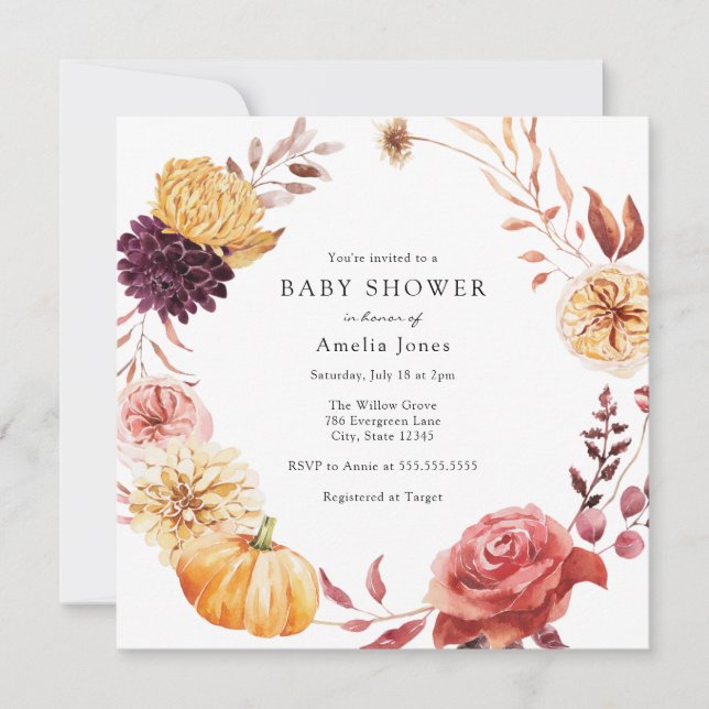 Autumn Florals and Pumpkin Baby Shower Invitation (Front)