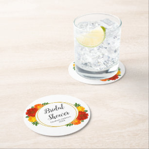 Autumn Florals Bridal Shower Round Paper Coaster