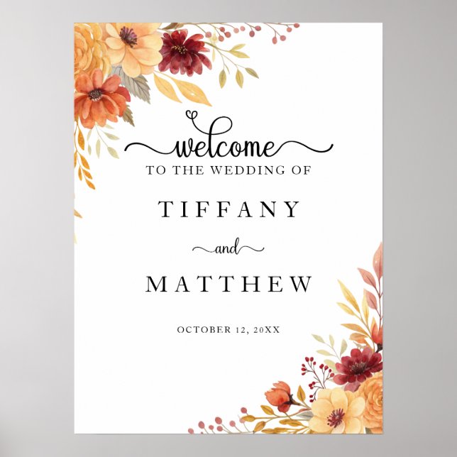 Autumn Florals Fall Wedding Welcome Poster (Front)
