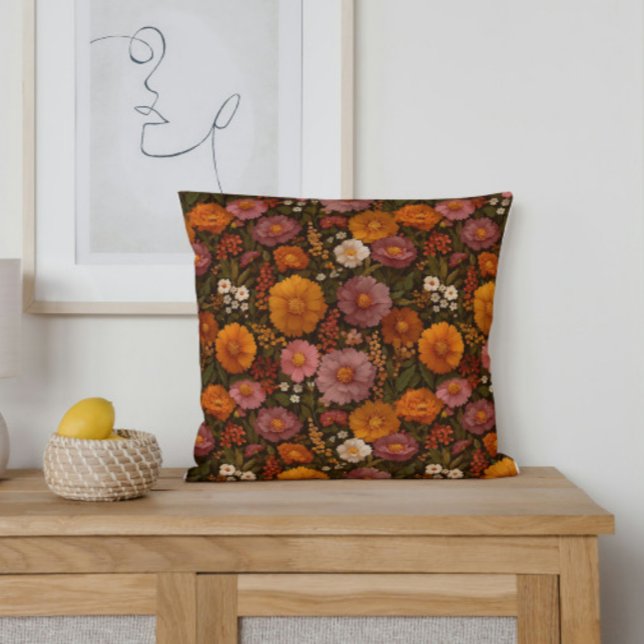Autumn Florals in Burnt Orange and Red Cushion (Embrace the beauty of fall with this floral pillow. A rich mix of burnt orange and violet flowers.)