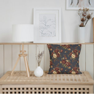 Autumn Florals in Deep Burgundy and Warm Cream  Cushion