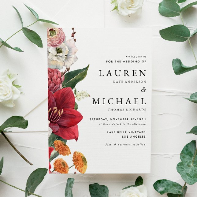 Autumn Florals with Red Amaryllis QR Code Wedding Invitation (Fall-inspired QR code wedding invitation with amaryllis, chrysanthemums, ranunculus, and lisanthus. )