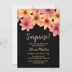 Autumn Flower Any Age Surprise Black Birthday Invitation