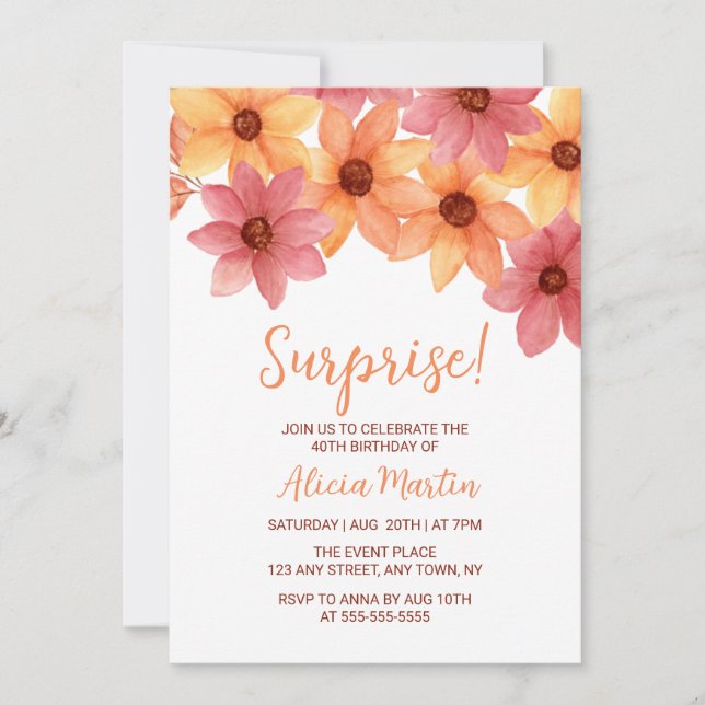 Autumn Flower Any Age Surprise Burgundy Birthday Invitation (Front)