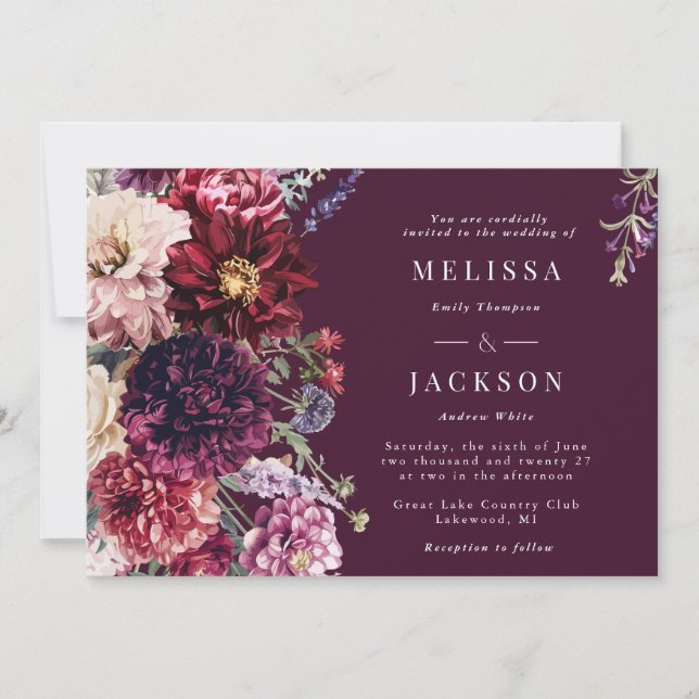 Autumn Flower Dahlia Wedding Invitation Black (Front)