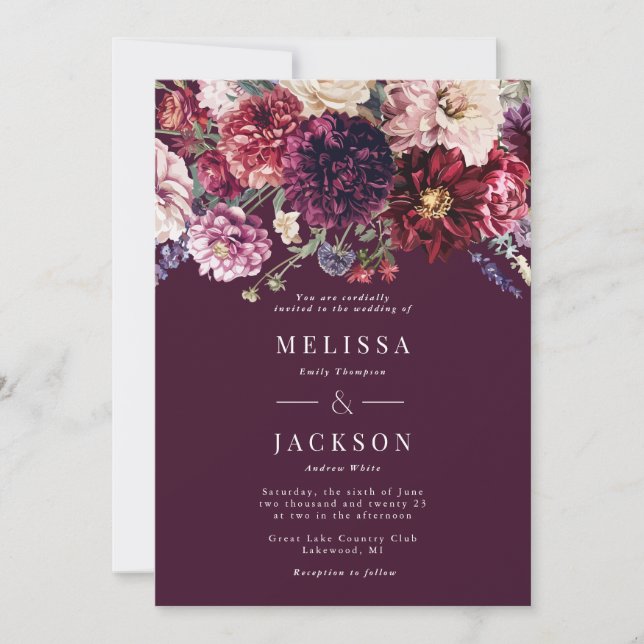 Autumn Flower Dahlia Wedding Invitation Burgundy (Front)
