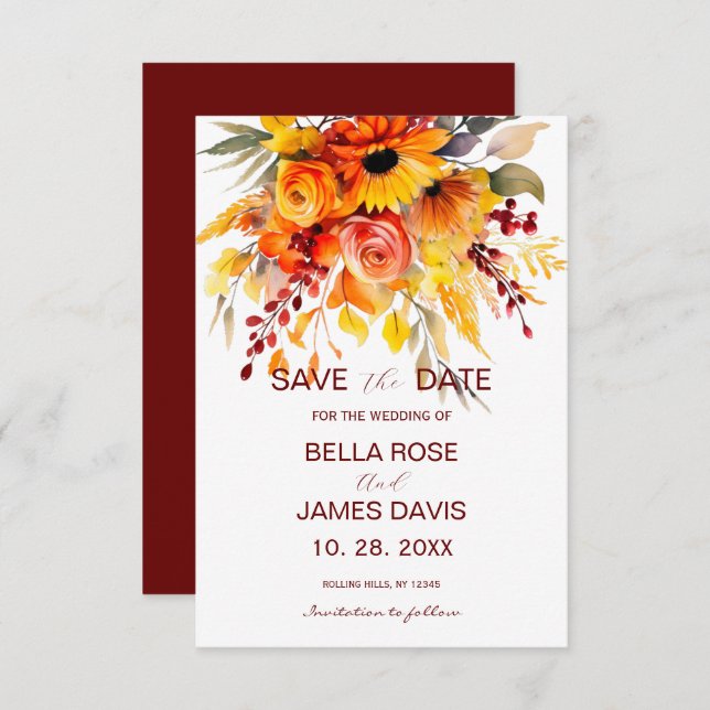 Autumn Flower Foliage Wedding Save The Date (Front/Back)