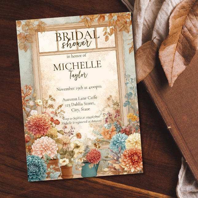Autumn Flower Garden Bridal Shower Invitation (florist shop window with autumn flowers watercolor bridal shower invitation)