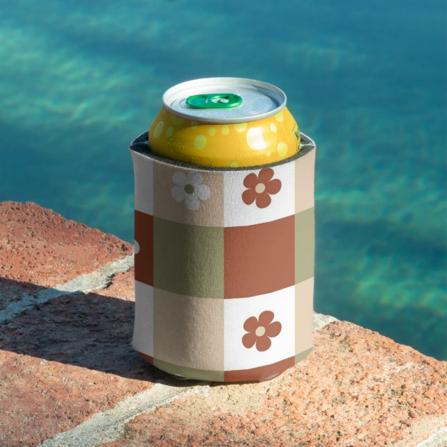 Autumn Flower Gingham Check Pattern Can Cooler (In Situ Pool)
