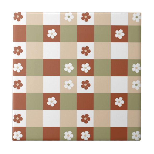 Autumn Flower Gingham Check Pattern Ceramic Tile (Front)