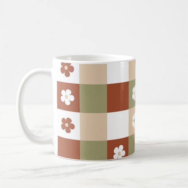 Autumn Flower Gingham Check Pattern Coffee Mug (Left)