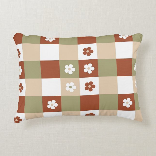 Autumn Flower Gingham Check Pattern Decorative Cushion (Front)