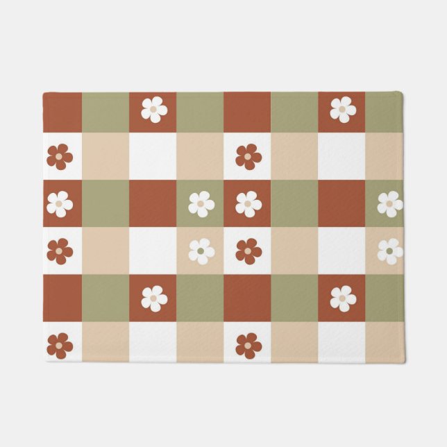 Autumn Flower Gingham Check Pattern Doormat (Front)