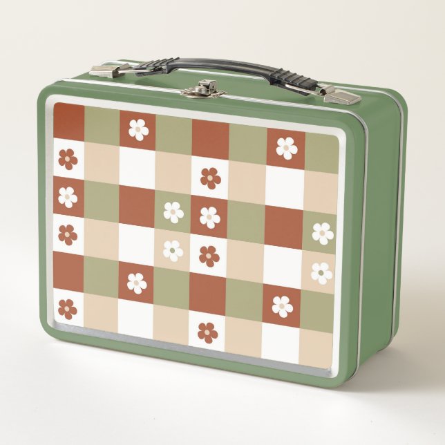 Autumn Flower Gingham Check Pattern Metal Lunch Box (Front)