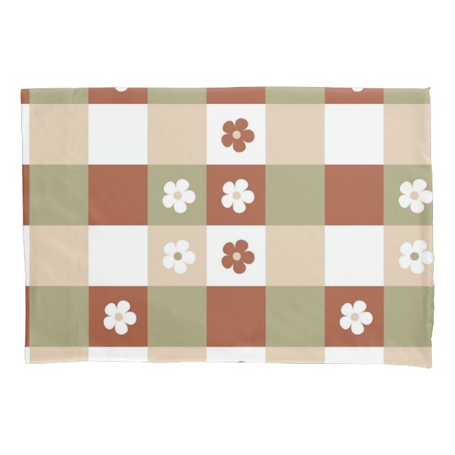 Autumn Flower Gingham Check Pattern Pillowcase (Front)