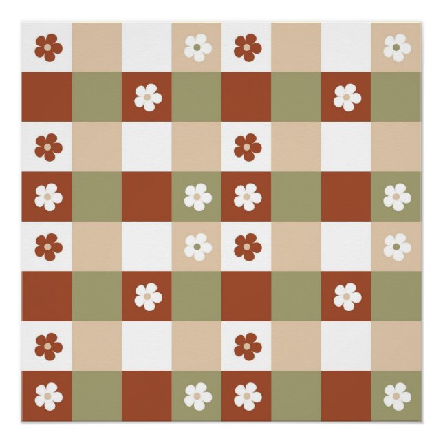 Autumn Flower Gingham Check Pattern Poster (Front)