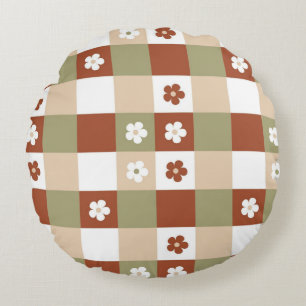 Autumn Flower Gingham Check Pattern Round Cushion