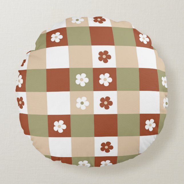 Autumn Flower Gingham Check Pattern Round Cushion (Front)