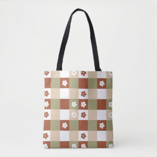 Autumn Flower Gingham Check Pattern Tote Bag