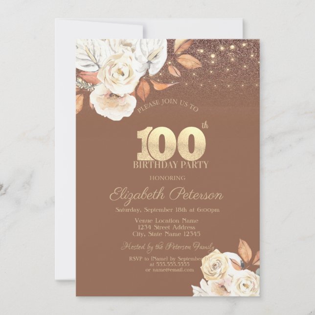 Autumn Flower Glitter Terracotta 100th Invitation (Front)