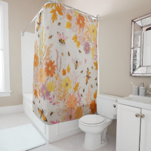 Autumn Flower Shower Orange Yellow Bees Floral  Curtain