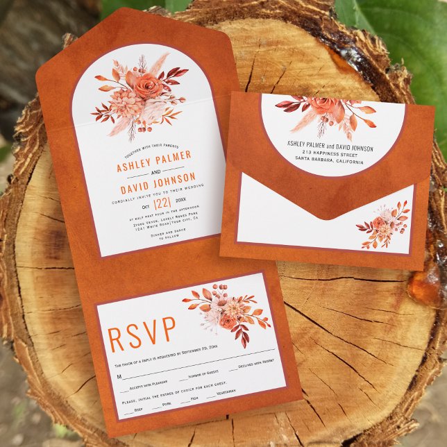Autumn flowers and arch orange fall wedding all in one invitation (Creator Uploaded)