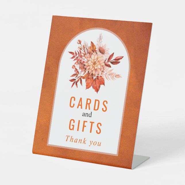 Autumn flowers and foliage orange fall wedding pedestal sign (Front)