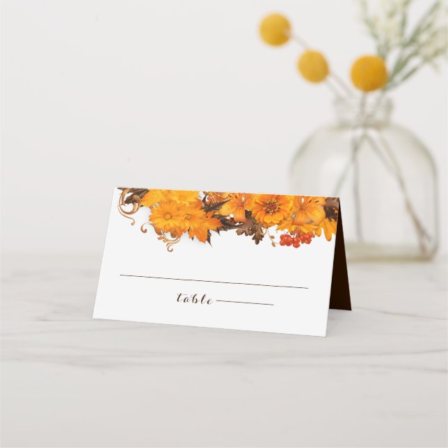 Autumn Flowers And Leaves Place Card (Front)
