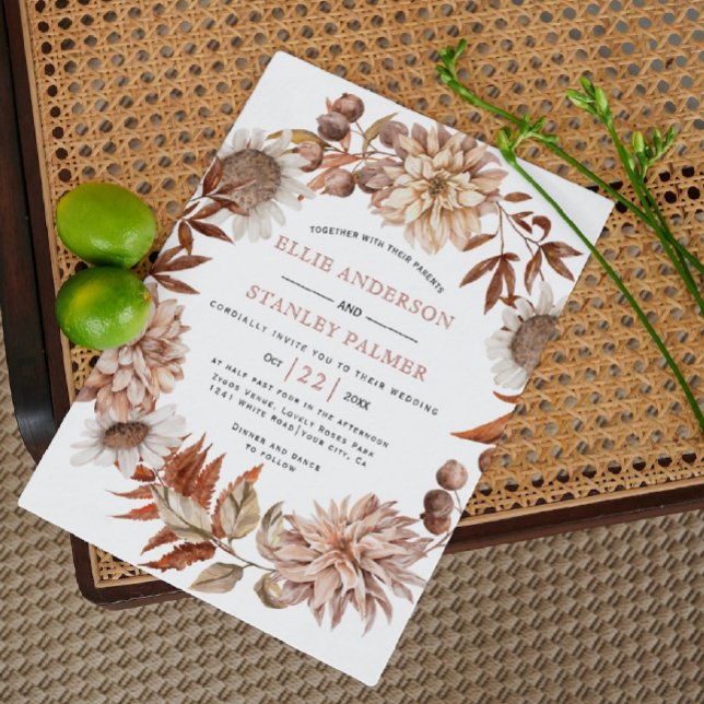 Autumn flowers and leaves wreath fall wedding invitation (Creator Uploaded)