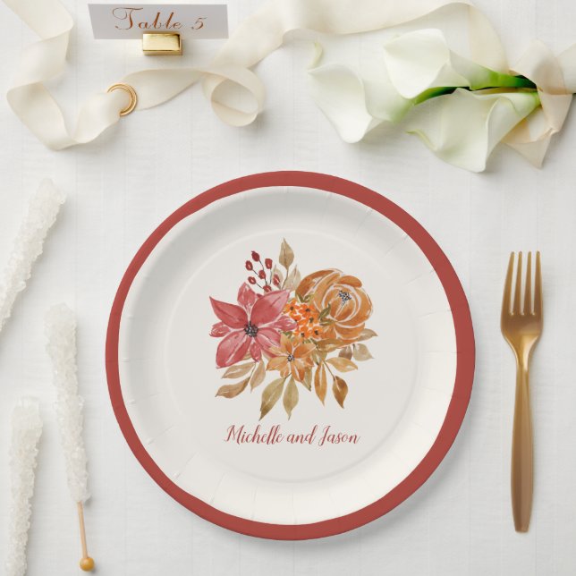 Autumn Flowers Elegant Falling in love Paper Plate (Wedding)