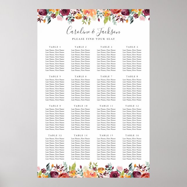 Autumn Flowers Elegant Wedding Seating Chart (Front)