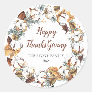 Autumn Flowers Fall Leaves Happy Thanksgiving Classic Round Sticker