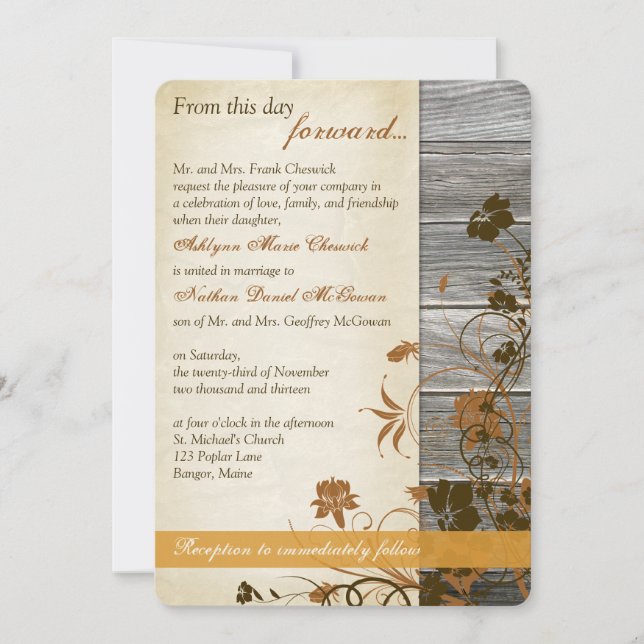 Autumn Flowers, FAUX Wood & Parchment Wedding Invitation (Front)