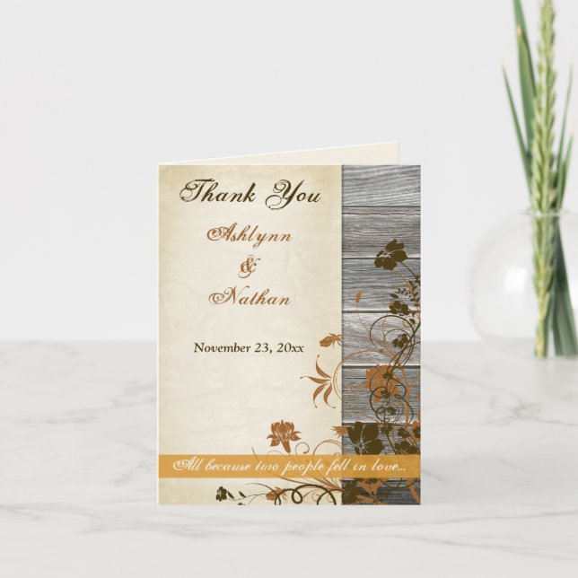 Autumn Flowers, FAUX Wood PHOTO Thank You Card (Front)
