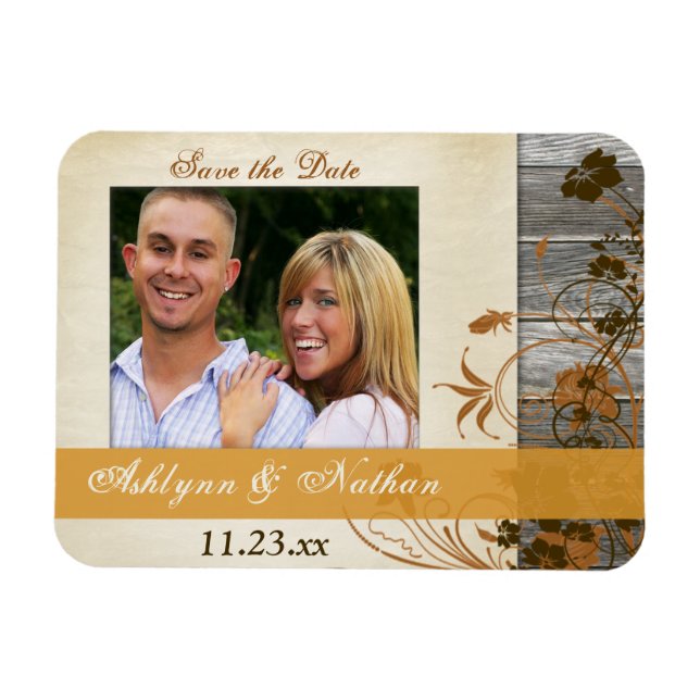 Autumn Flowers, FAUX Wood Save the Date Magnet (Horizontal)