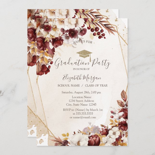 Autumn Flowers,Grad Cap,Graduation  Invitation (Front/Back)