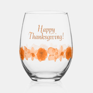 Autumn Flowers Happy Thanksgiving Custom Text Stemless Wine Glass
