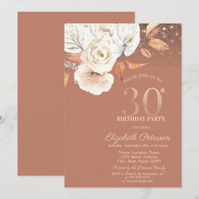 Autumn Flowers Lights Glitter 30th Birthday Invitation (Front/Back)