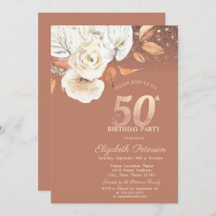 Autumn Flowers Lights Glitter 50th Birthday Invitation