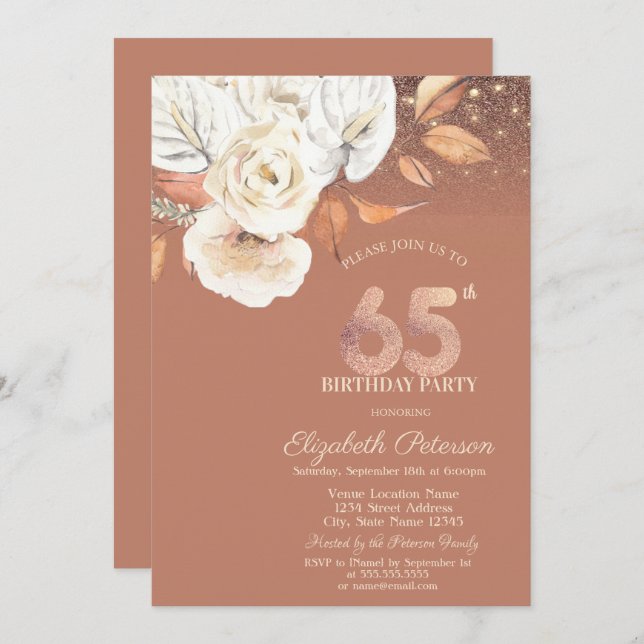 Autumn Flowers Lights Glitter 65th Birthday Invitation (Front/Back)