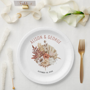 Autumn flowers, palm leaf terracotta fall wedding paper plate