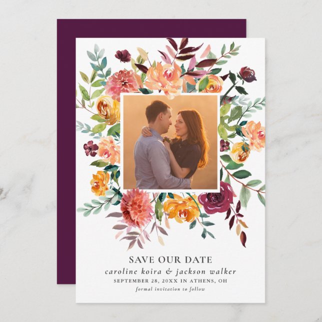 Autumn Flowers Photo Save the Date Invitation (Front/Back)