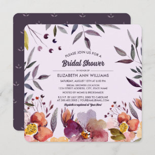 Autumn Flowers Watercolor Plum Bridal Shower  Invitation