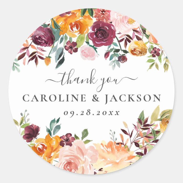 Autumn Flowers Wedding Thank You Classic Round Sticker (Front)